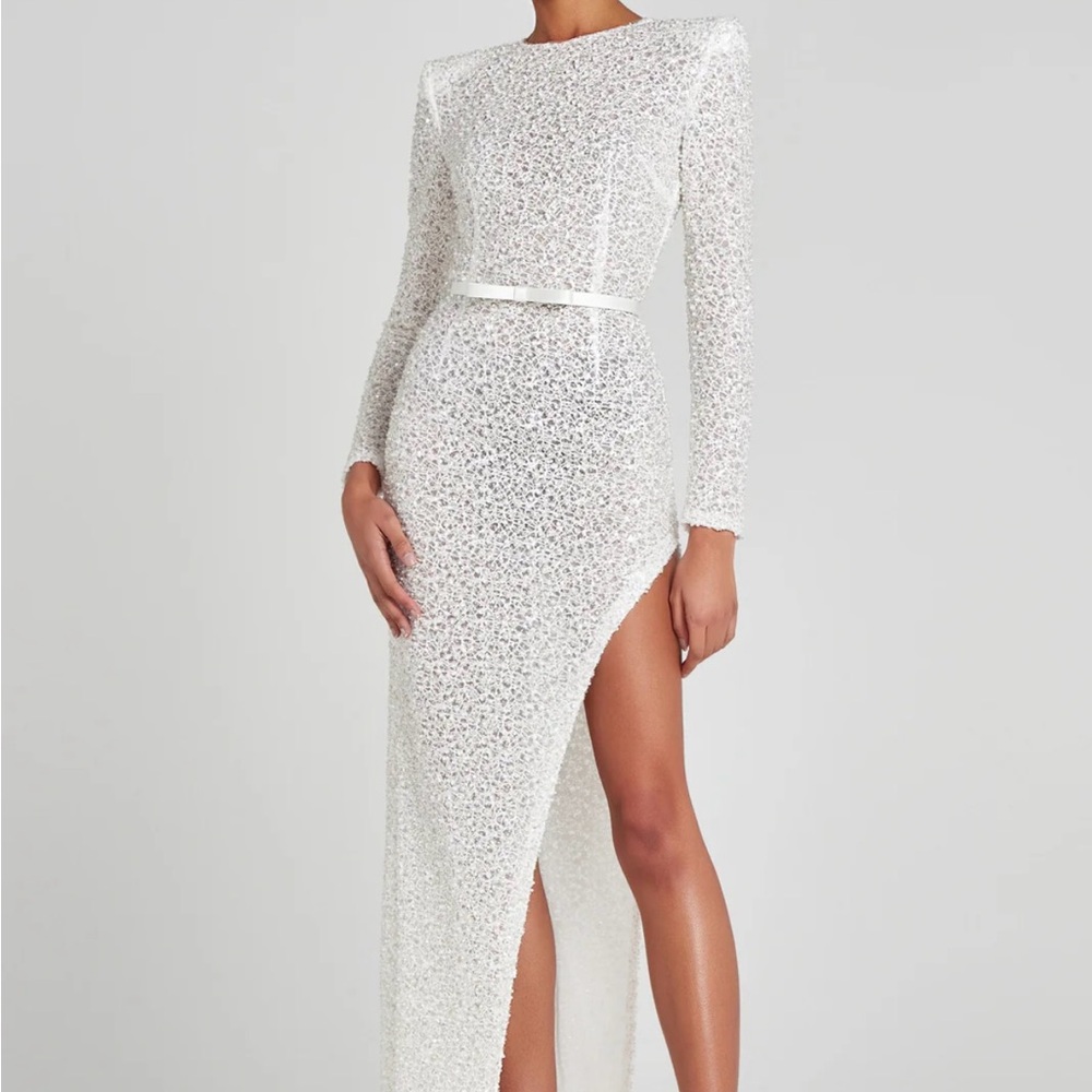 NADINE MERABI White Sequin Long Sleeve Bridal Dress
